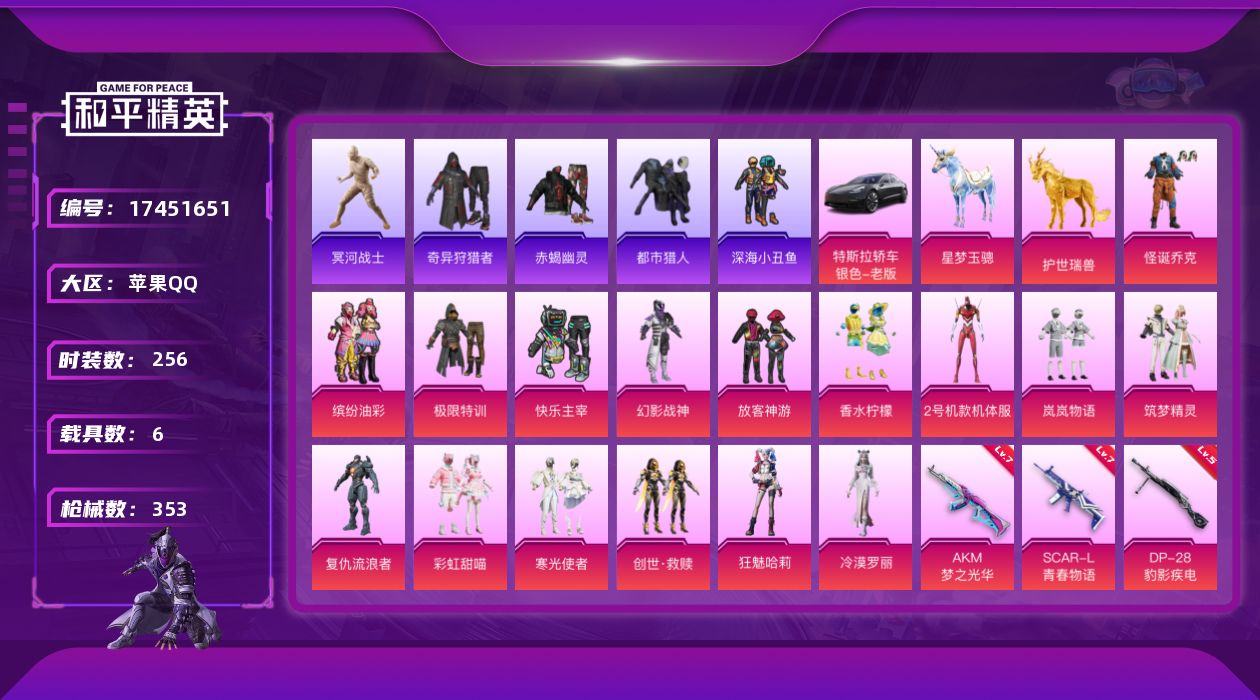 和平精英账号苹果QQ[17451651]苹果 手Q-无敌战神框-19粉装-20特效枪-6载具-14粉色飞行器-129901热力值-27王牌印记-256套装-353枪皮
【热门品类】：粉装-怪诞乔克，粉装-缤纷油彩，套装-