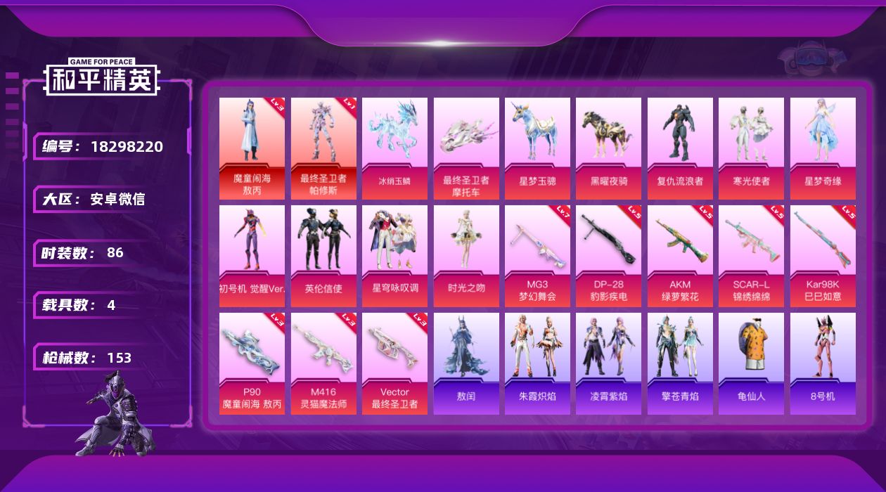 和平精英账号安卓微信时装数: 86 载具数: 4 枪械数: 153 战备数: 113 热门装扮: 寒光使者,复仇流浪者,