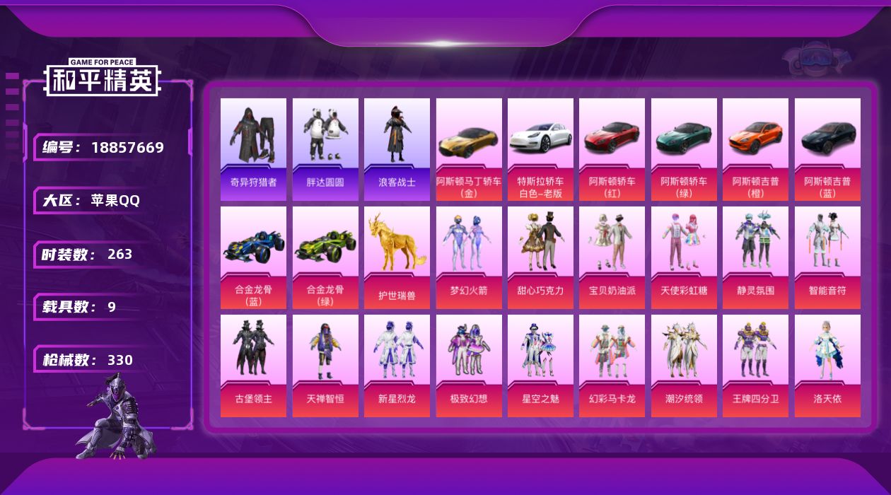 和平精英账号苹果QQ[18857669]263套装/枪械11/装备450/载具9/战备222/王牌印记15/热力值131274/一级AKM-炫紫旋律/七级AKM-梦之光华/七级M416-心之恋语/七级AUG-超新星/七级