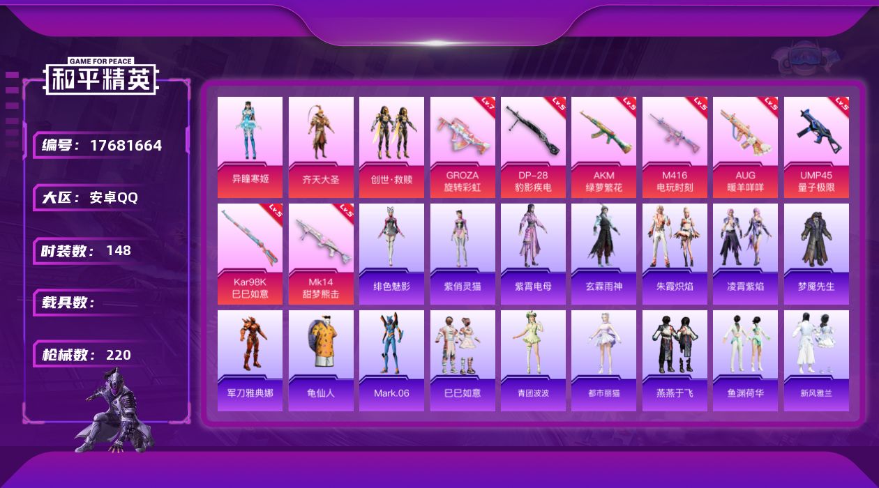 和平精英账号安卓QQ[17681664]安卓 手Q-3粉装-11特效枪-0载具-1粉色飞行器-62625热力值-1王牌印记-148套装-220枪皮
【热门品类】：角色-军刀雅典娜，套装-龟仙人，角色-Mark.06
【粉