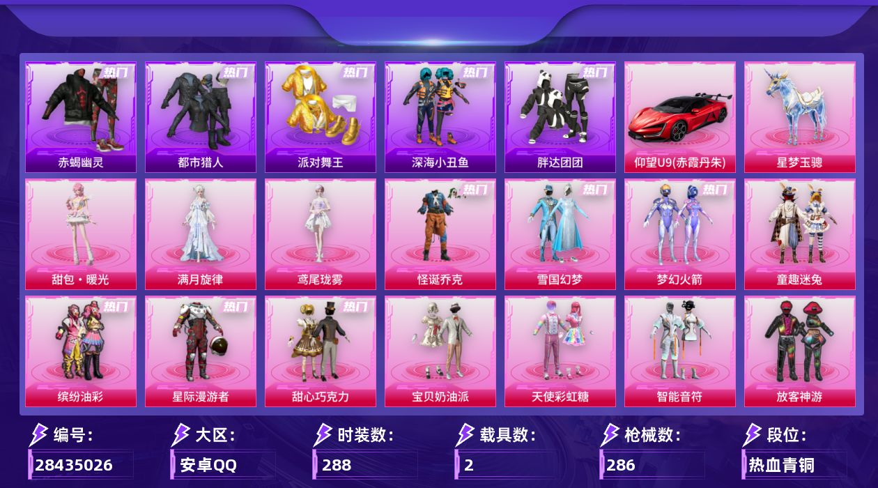 [28435026]安卓手Q-历史最高段位：无敌战神-44粉装-15特效枪-2载具-6粉色飞行器-111155热力值-19王牌印记-288套装-286枪皮
【热门品类】：粉装-怪诞乔克，粉装-雪国幻梦，粉装-梦幻火箭，粉装-童趣迷兔，粉装-缤纷油彩，套装-浪漫天命，套装-太空漫步，套装-赤蝎幽灵，套装-都市猎人，套装-派对舞王，套装-深海小丑鱼，套装-胖达团团，套装-龟仙人，套装-潮萌小黄鸭，套装-暗影哥特，套装-糯粉咩咩，套装-软软马卡龙，套装-红熊茄茄
【粉色套装】：角色-满月旋律，粉装-星际漫游者，粉装-怪诞乔克，粉装-甜心巧克力，粉装-宝贝奶油派，粉装-天使彩虹糖，粉装-雪国幻梦，粉装-梦幻火箭，粉装-智能音符，粉装-缤纷油彩，粉装-放客神游，粉装-星空之魅，粉装-潮汐统领，粉装-冰霜白皇，粉装-童趣迷兔，粉装-炙焰红王，粉装-馨动时刻，粉装-山涧鹿灵，粉装-岚岚物语，粉装-甜梦小狐，粉装-暖熊萌萌，粉装-绒雪飘舞，粉装-灵感创作师，粉装-彩虹甜喵，粉装-甜蜜草莓，粉装-旋转彩虹，粉装-冰川幽秘，粉装-冰川红玫，粉装-第五大道，粉装-仲夏莫吉托，角色-呆萌星弥，粉装-萌物绒绒，粉装-巨渊蟹踪，粉装-镜光幻境，粉装-蜜语绒猫，角色-严莉莉，角色-电磁星，粉装-金丰海韵，角色-千金淑猫，粉装-星月云朵，粉装-御兔特攻，角色-荧海星豚，角色-鸢尾珑雾，人物-甜包·暖光
【粉色枪皮等级】：轻型迫击炮-酷夏轰炸(四级)，Vector-流风之羽(五级)，AKM-满月旋律(四级)，SCAR-L-锦绣绵绵(五级)，M416-暖熊萌萌(五级)，UMP45-萌骑冒险(五级)，汤姆逊-玉魄流云(五级)，Kar98K-巳巳如意(五级)，Mk14-福马献瑞(五级)，M417-第五大道(四级)，AA12-G-其乐融融(五级)，SPAS-12-蜜语绒猫(四级)，DP-28-豹影疾电(五级)，PKM-江南烟雨(五级)，平底锅-仲夏莫吉托(三级)
【粉色载具】：仰望U9（赤霞丹朱），星梦玉骢
【粉色枪皮】：Vector-流风之羽，轻型迫击炮-酷夏轰炸，AKM-满月旋律，SCAR-L-锦绣绵绵，M416-暖熊萌萌，UMP45-萌骑冒险，汤姆逊-玉魄流云，Kar98K-巳巳如意，Mk14-福马献瑞，M417-第五大道，AA12-G-其乐融融，SPAS-12-蜜语绒猫，DP-28-豹影疾电，PKM-江南烟雨，平底锅