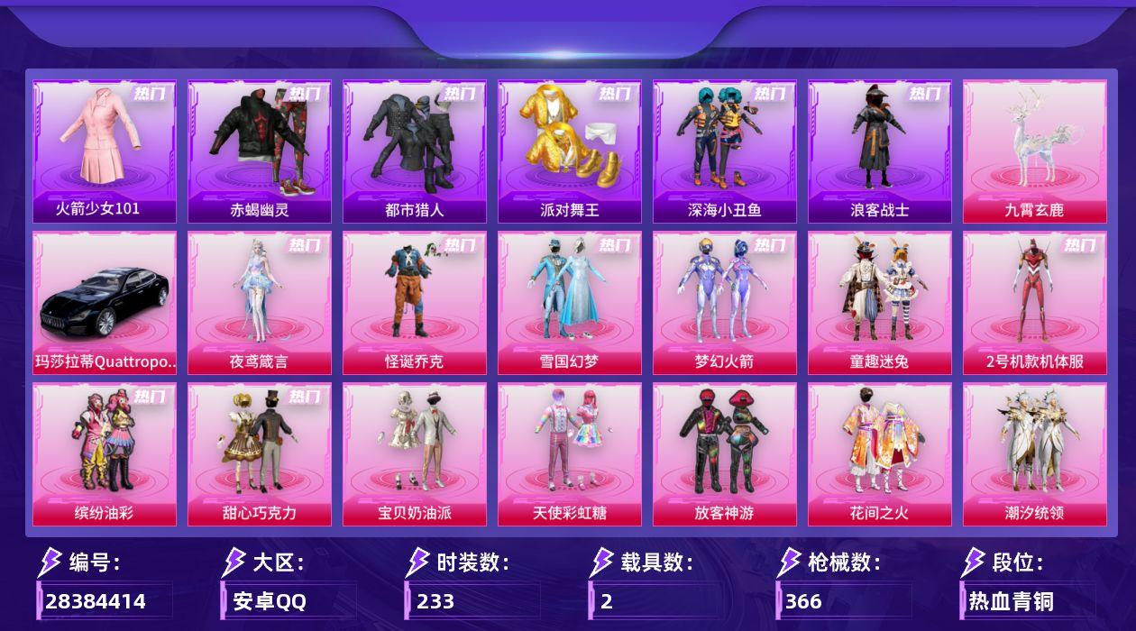 [28384414]安卓手Q-历史最高段位：超级王牌18星-21粉装-28特效枪-2载具-10粉色飞行器-125861热力值-19王牌印记-233套装-366枪皮
【热门品类】：粉装-怪诞乔克，粉装-雪国幻梦，粉装-梦幻火箭，粉装-童趣迷兔，粉装-2号机款机体服，粉装-缤纷油彩，套装-浪漫天命，套装-赤蝎幽灵，套装-火箭少女101，套装-都市猎人，套装-派对舞王，套装-深海小丑鱼，角色-军刀雅典娜，套装-浪客战士，套装-龟仙人，套装-暗影哥特，M416-星际漫游
【粉色套装】：粉装-怪诞乔克，粉装-甜心巧克力，粉装-宝贝奶油派，粉装-天使彩虹糖，粉装-雪国幻梦，粉装-梦幻火箭，粉装-缤纷油彩，粉装-放客神游，粉装-花间之火，粉装-潮汐统领，粉装-冰霜白皇，粉装-童趣迷兔，粉装-王牌四分卫，粉装-星之彼岸，粉装-蜜桃特工，粉装-蝶舞蔷薇，角色-2号机款机体服，粉装-暗星紫秘，角色-复仇流浪者，角色-冷漠罗丽，角色-夜鸢箴言
【粉色枪皮等级】：AKM-炫紫旋律(一级)，AKM-梦之光华(七级)，SCAR-L-灵驹仙姬(三级)，M416-心之恋语(七级)，GROZA-精灵之光(三级)，AUG-星之彼岸(五级)，AUG-暖羊咩咩(五级)，M762-甜蜜誓约(七级)，ACE32-萌骑漫游(三级)，ARX-萌骑跃动(三级)，UMP45-雪国精灵(七级)，UMP45-萌骑冒险(一级)，Vector-环太平洋(五级)，Vector-流风之羽(一级)，汤姆逊-玉魄流云(三级)，AKS-74U-森灵之息(四级)，Kar98K-巳巳如意(五级)，AWM-花间之火(七级)，Mk14-福马献瑞(五级)，AA12-G-萌骑幻想(五级)，AA12-G-其乐融融(二级)，DP-28-扶摇飞仙(二级)，DP-28-枪炮玫瑰(六级)，DP-28-豹影疾电(五级)，MG3-萌骑闯关(五级)，PKM-萌骑夺宝(一级)，97MG-夜鸢箴言(五级)，破片手榴弹-贪吃小熊(七级)
【粉色载具】：玛莎拉蒂Quattroporte（夜幕蓝），九霄玄鹿
【粉色枪皮】：AKM-炫紫旋律，AKM-梦之光华，SCAR-L-灵驹仙姬，M416-心之恋语，GROZA-精灵之光，AUG-星之彼岸，AUG-暖羊咩咩，M762-甜蜜誓约，ACE32-萌骑漫游，ARX-萌骑跃动，UMP45-雪国精灵，UMP45-萌骑冒险，Vector-环太平洋，Vec