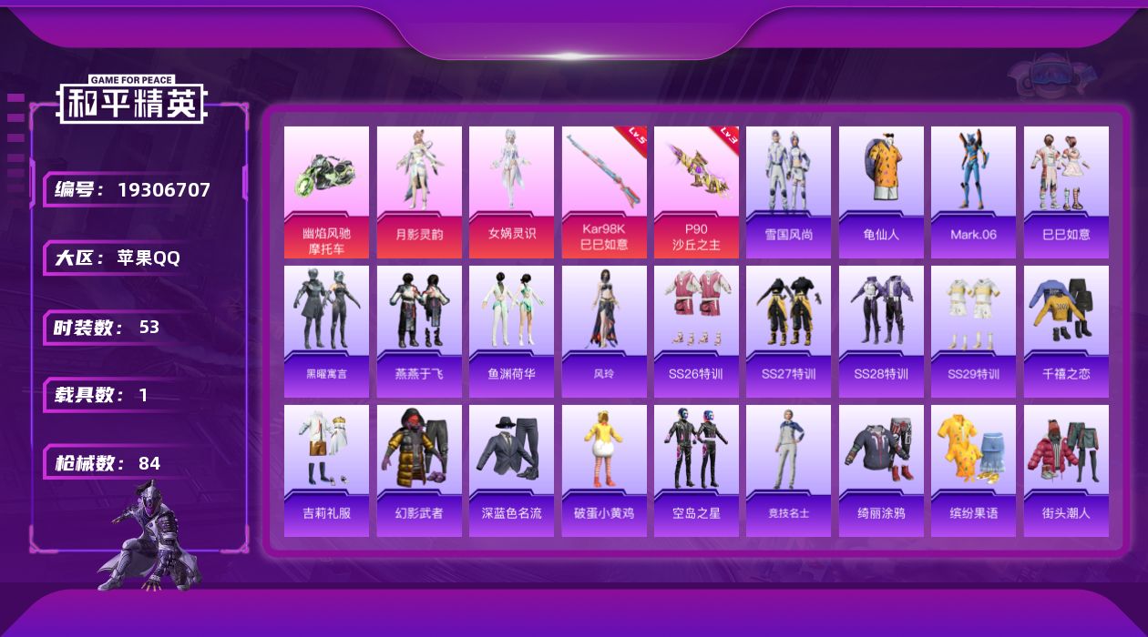和平精英账号苹果QQ[19306707]53套装/枪械2/装备123/载具1/战备79/王牌印记5/热力值25351/三级P90-沙丘之主/五级Kar98K-巳巳如意/龟仙人/Mark.06/月影灵韵/女娲灵识/幽焰风驰