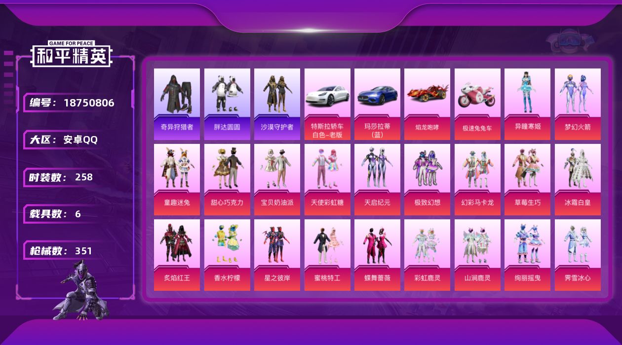 和平精英账号安卓QQ[18750806]安卓 手Q-1神装-21粉装-15特效枪-6载具-6粉色飞行器-126238热力值-17王牌印记-258套装-351枪皮
【红色神装等级】：天马神君-驭风(二级)
【红色角色神装】