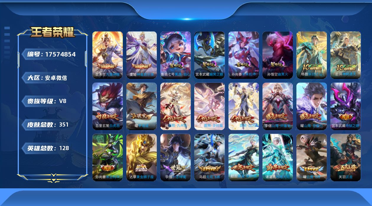 王者荣耀账号安卓VX128英雄-351皮肤-V8-2典藏25传说 金标阿轲 4星传说 寅虎焰心 幽冥之眼 幽冥火 未来机