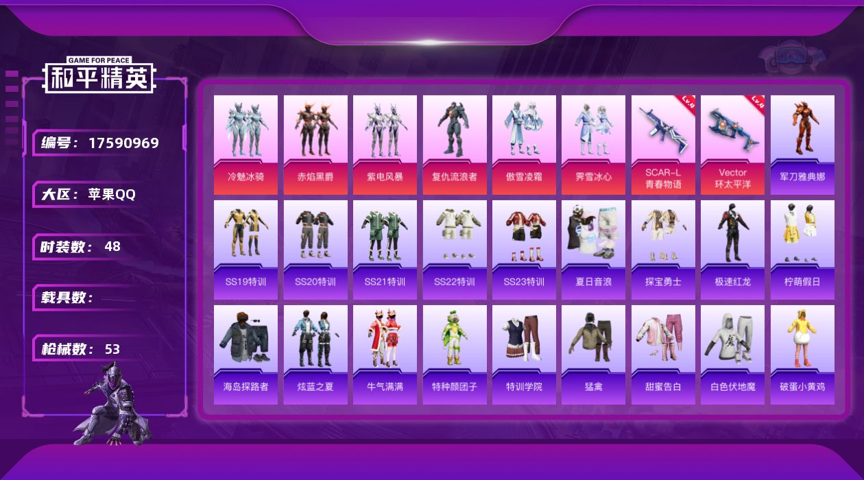 和平精英账号苹果QQ[17590969]【店主推荐捡漏号！可直接换绑】苹果 手Q-6粉装-4特效枪-0载具-0粉色飞行器-18478热力值-2王牌印记-48套装-53枪皮【热门品类】：角色-军刀雅典娜【粉色套装】：粉装-