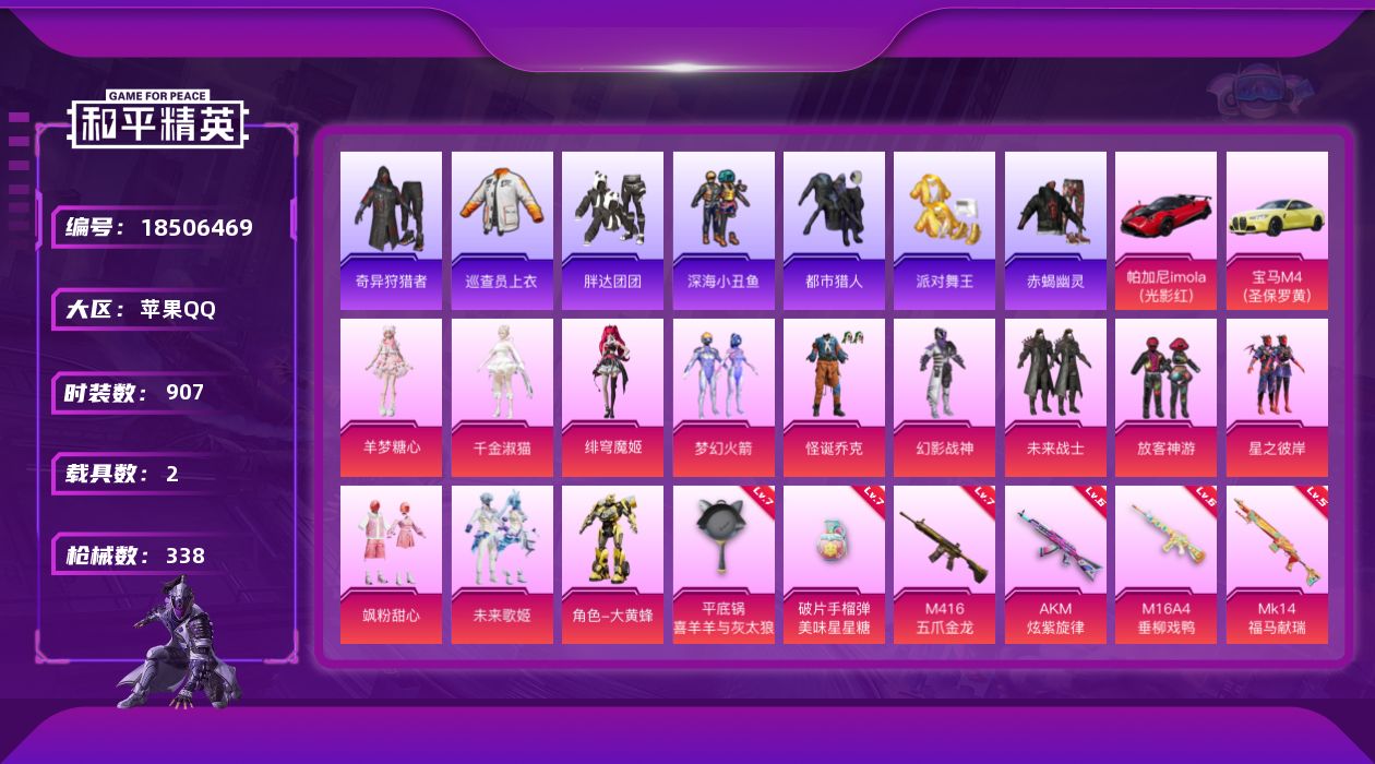 和平精英账号苹果QQ实名: 不可修改 时装数: 907 载具数: 2 枪械数: 338 战备数: 258 热门装扮: 奇