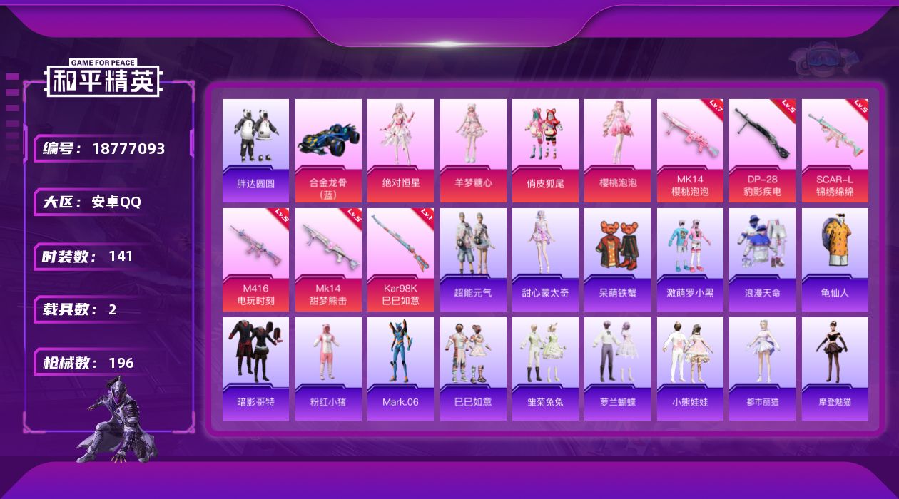 和平精英账号安卓QQ[18777093]安卓 手Q-4粉装-7特效枪-2载具-4粉色飞行器-62346热力值-14王牌印记-141套装-196枪皮
【热门品类】：绝对防御上衣，套装-浪漫天命，套装-胖达圆圆，套装-龟仙人