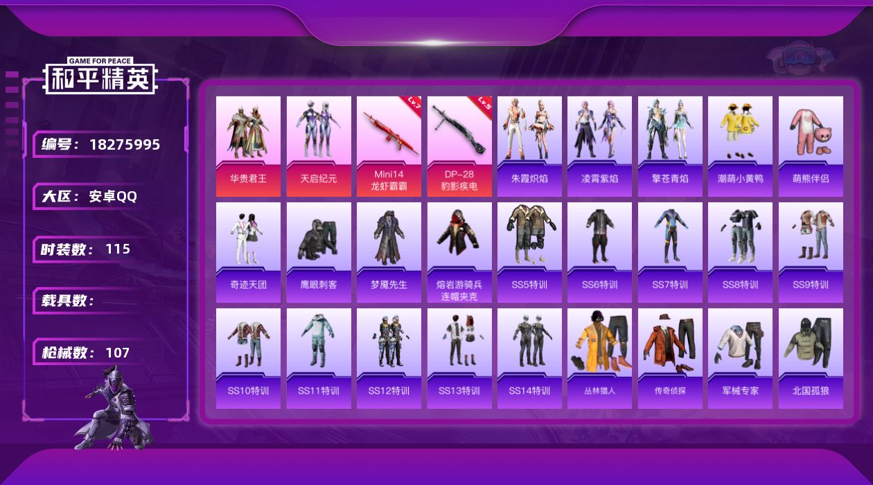 和平精英账号安卓QQ[18275995]【特价出售/店主推荐】安卓 手Q-2粉装-3特效枪-37349热力值-1王牌印记-115套装-107枪皮【热门品类】：套装-潮萌小黄鸭，套装-萌熊伴侣，熔岩游骑兵连帽夹克【粉色套装