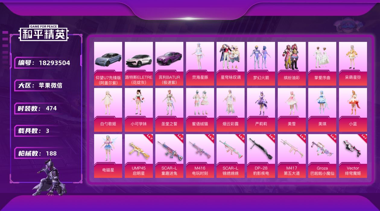和平精英账号苹果微信3载具-138套装-188枪皮-1稀有4载具17粉装9特效枪9热门138套装188枪皮 68134热