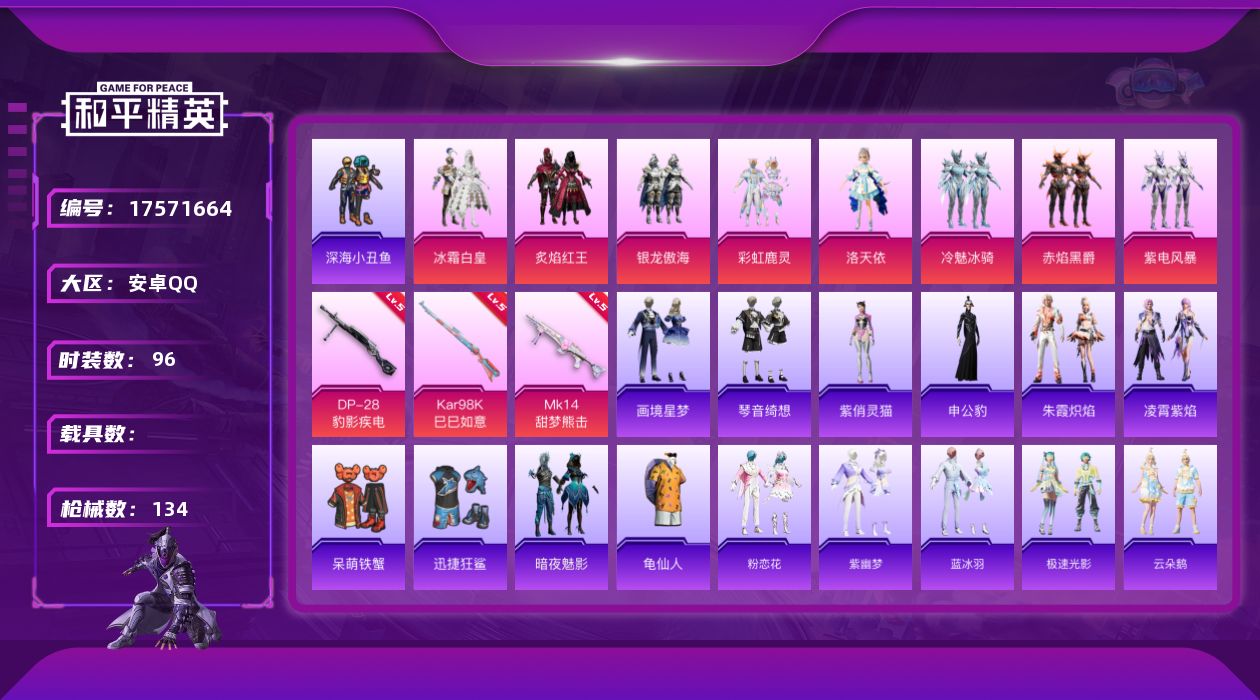 和平精英账号安卓QQ[17571664]安卓 手Q-8粉装-3特效枪-0载具-2粉色飞行器-42504热力值-4王牌印记-96套装-134枪皮
【热门品类】：套装-深海小丑鱼，套装-龟仙人
【粉色套装】：粉装-冰霜白皇，