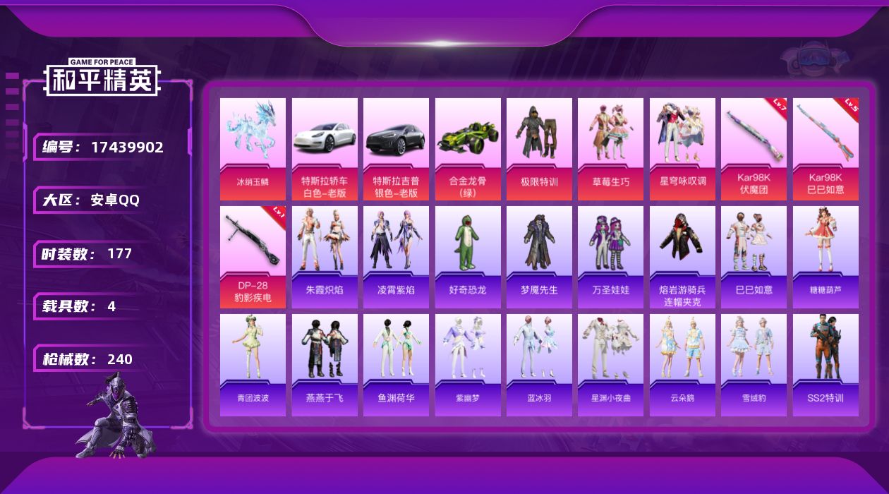 和平精英账号安卓QQ[17439902]安卓 手Q-3粉装-3特效枪-4载具-1粉色飞行器-70467热力值-15王牌印记-177套装-240枪皮【热门品类】：旭日初心兜帽大衣，熔岩游骑兵连帽夹克【粉色套装】：粉装-极限