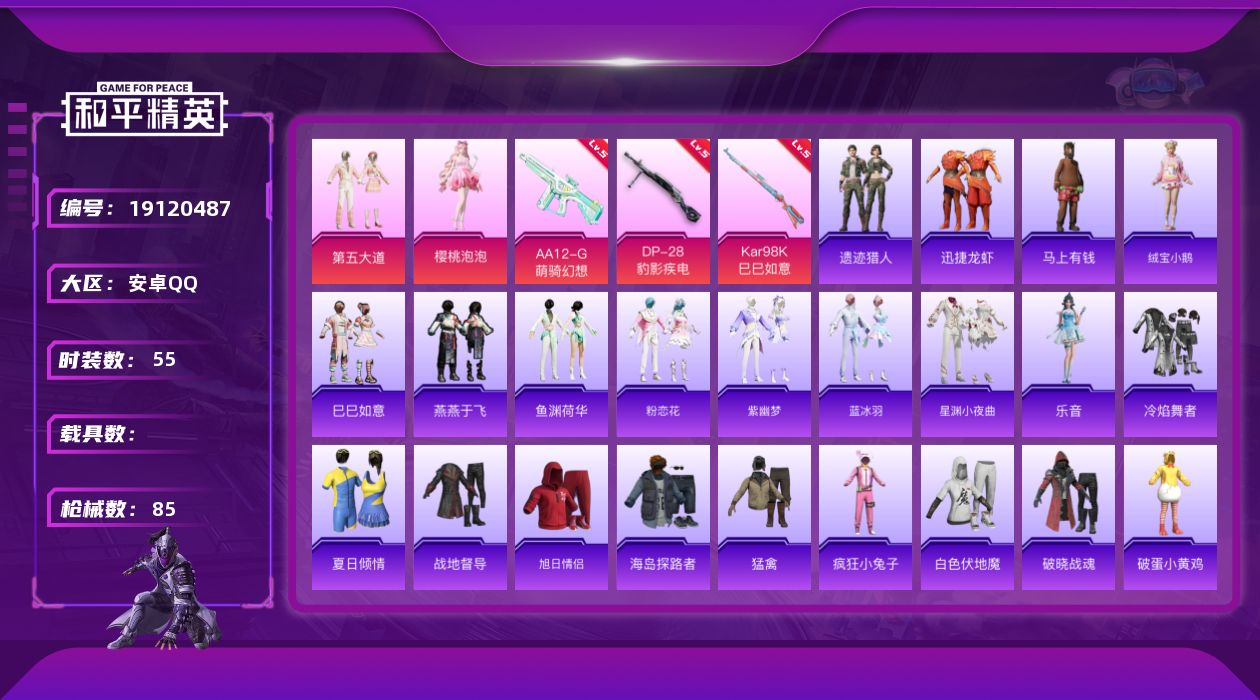和平精英账号安卓QQ[19120487]安卓手Q-2粉装-3特效枪-18907热力值-55套装-85枪皮
【粉色套装】：粉装-第五大道，角色-樱桃泡泡
【粉色枪皮等级】：Kar98K-巳巳如意(五级)，AA12-G-萌骑