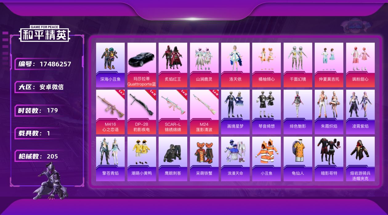 和平精英账号安卓微信[17486257]【店主推荐捡漏号】安卓 微信-7粉装-6特效枪-1载具-2粉色飞行器-64945热力值-10王牌印记-179套装-205枪皮【热门品类】：套装-浪漫天命，套装-深海小丑鱼，套装-小