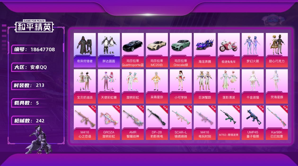 和平精英账号安卓QQ[18647708]安卓 手Q-11粉装-10特效枪-5载具-3粉色飞行器-91829热力值-15王牌印记-213套装-242枪皮
【热门品类】：粉装-梦幻火箭，套装-浪漫天命，套装-小丑鱼，套装-奇