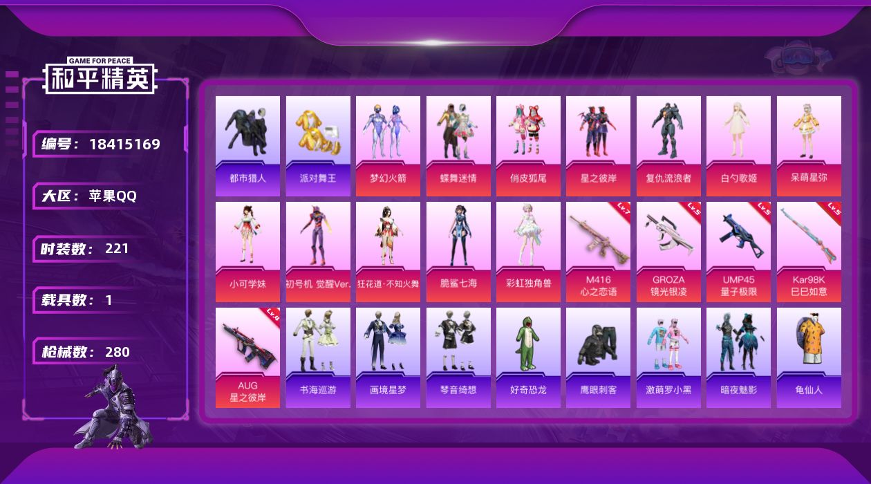 和平精英账号苹果QQ[18415169]【店主推荐捡漏号！可直接换绑】苹果 手Q-12粉装-11特效枪-1载具-4粉色飞行器-94296热力值-6王牌印记-221套装-280枪皮【热门品类】：粉装-梦幻火箭，套装-都市猎