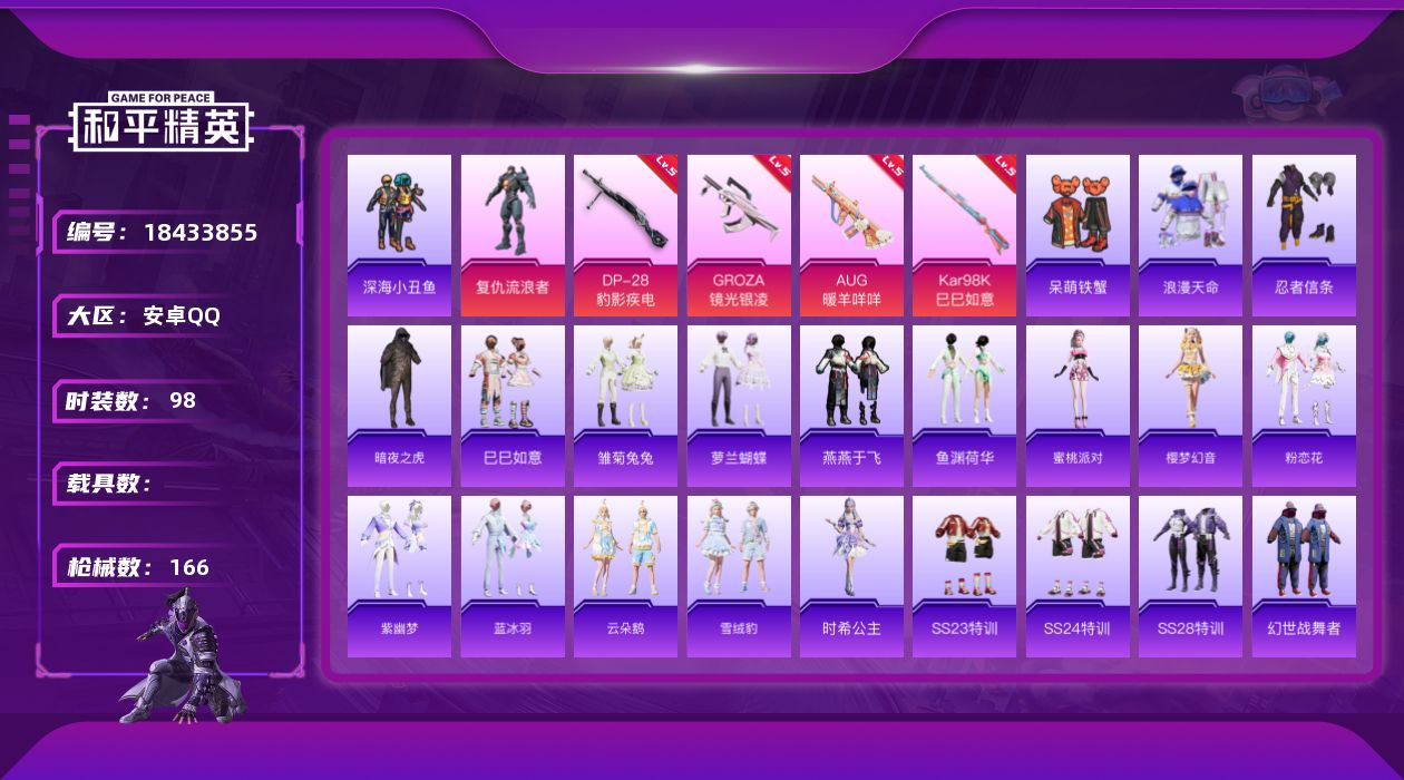 和平精英账号安卓QQ[18433855]安卓 手Q-2粉装-9特效枪-0载具-1粉色飞行器-43633热力值-6王牌印记-98套装-166枪皮
【热门品类】：套装-浪漫天命，套装-深海小丑鱼，套装-忍者信条，套装-暗夜之