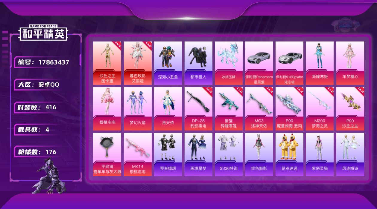 和平精英账号安卓QQ4载具-103套装-176枪皮-图卡盟3级 艾丽娅2急 都市猎人 2红装1稀有4载具6粉装11特效枪