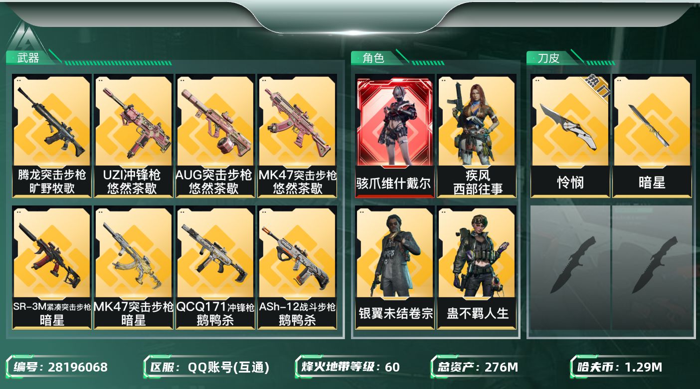 三角洲行动账号QQ[28196068]【终身售后 找回包赔】QQ可二次实名，【烽火等级】：60，【总资产】：276M，