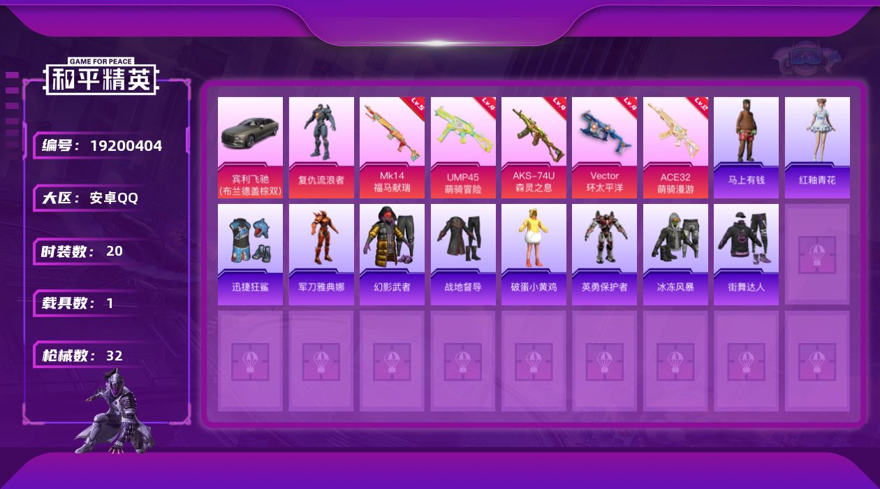 和平精英账号安卓QQ[19200404]20套装/枪械5/装备33/载具1/战备25/王牌印记1/热力值10483/二级ACE32-萌骑漫游/四级UMP45-萌骑冒险/四级Vector-环太平洋/四级AKS-74U-森灵