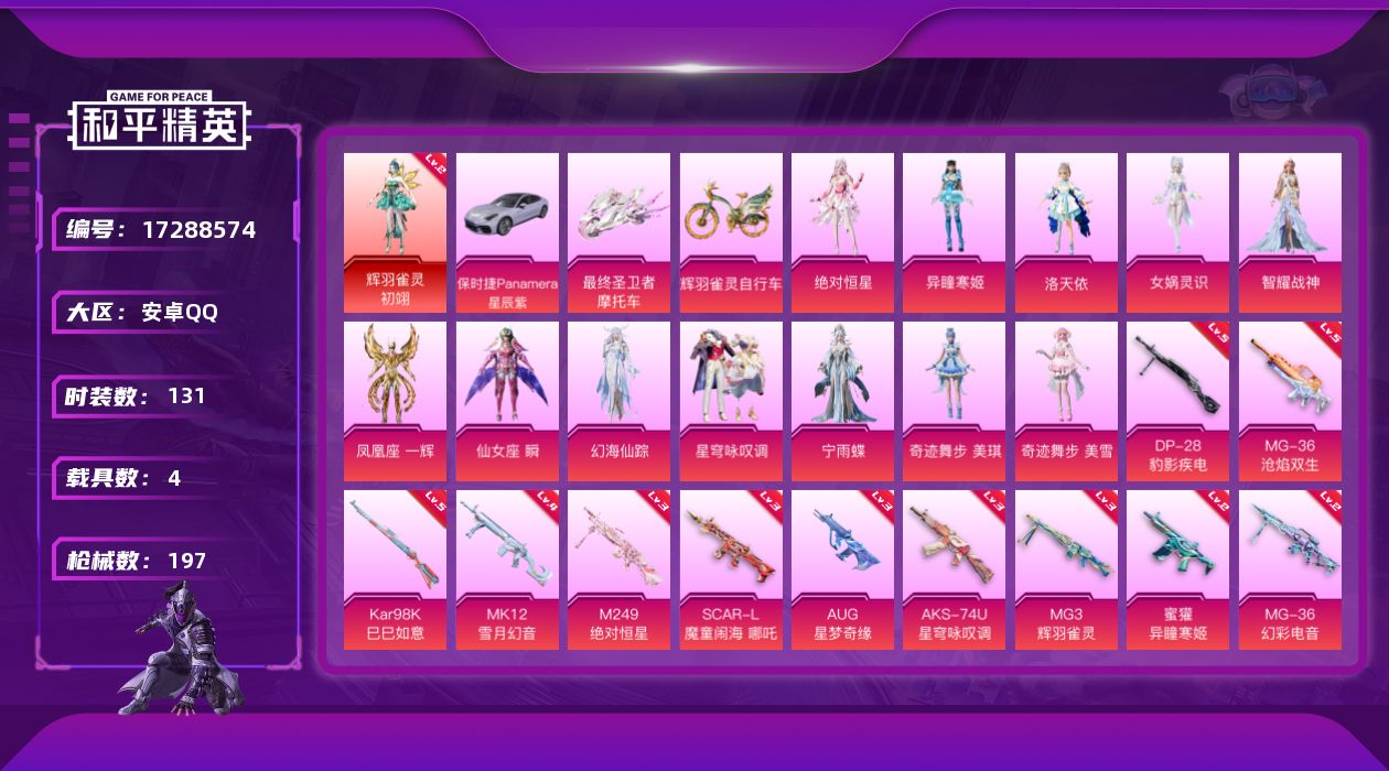 和平精英账号安卓QQ[17288574]安卓 手Q-2神装-17粉装-18特效枪-4载具-17粉色飞行器-78174热力值-5王牌印记-131套装-197枪皮
【红色神装等级】：暮色玫影-艾丽娅(四级)，辉羽雀灵-初翊(