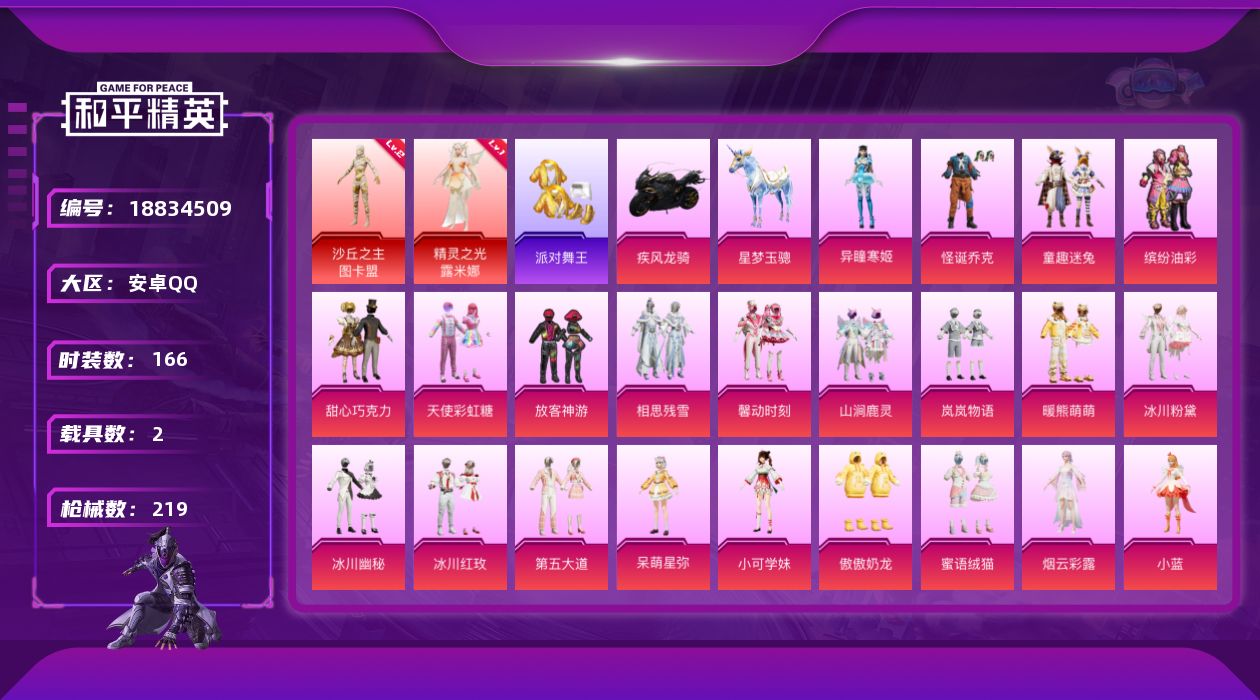 和平精英账号安卓QQ[18834509]" XY723包人脸 安卓Q-2红装2稀有3载具29粉装22特效枪16热门166套装219枪皮 94840热力值 12印记 历史绝世王牌19星  精灵之光-露米娜 (1级) 沙丘之