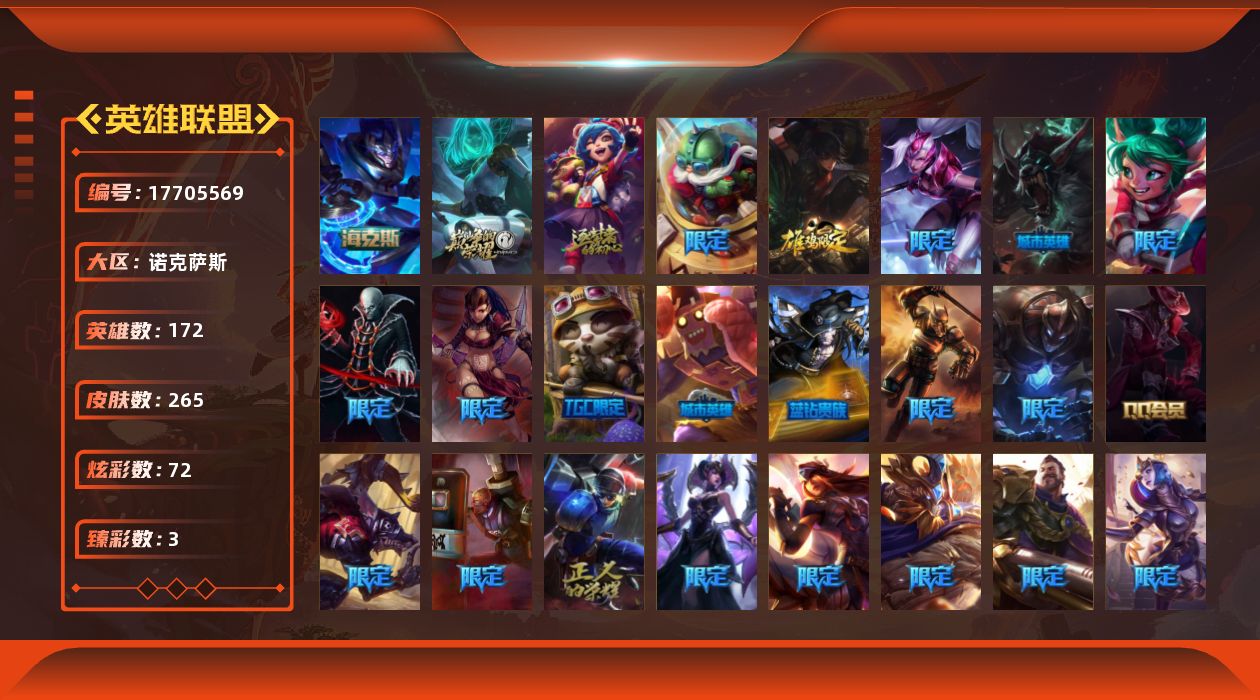 英雄联盟账号电信诺克萨斯[17705569]铂金段位-172英雄-265皮肤-72炫彩-0终极-4神话-44限定-19传说-65史诗
【神话皮肤】：十周年纪念安妮，源代码乐芙兰，神凰行者瑞羽圣凰艾尼维亚，海克斯科技嘉文四世
