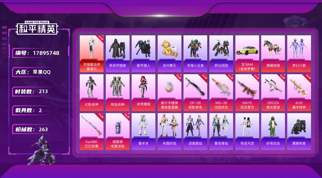 和平精英账号苹果QQ苹果 手Q-1神装-4粉装-11特效枪-2载具-4粉色飞行器-85102热力值-15王牌印记-213