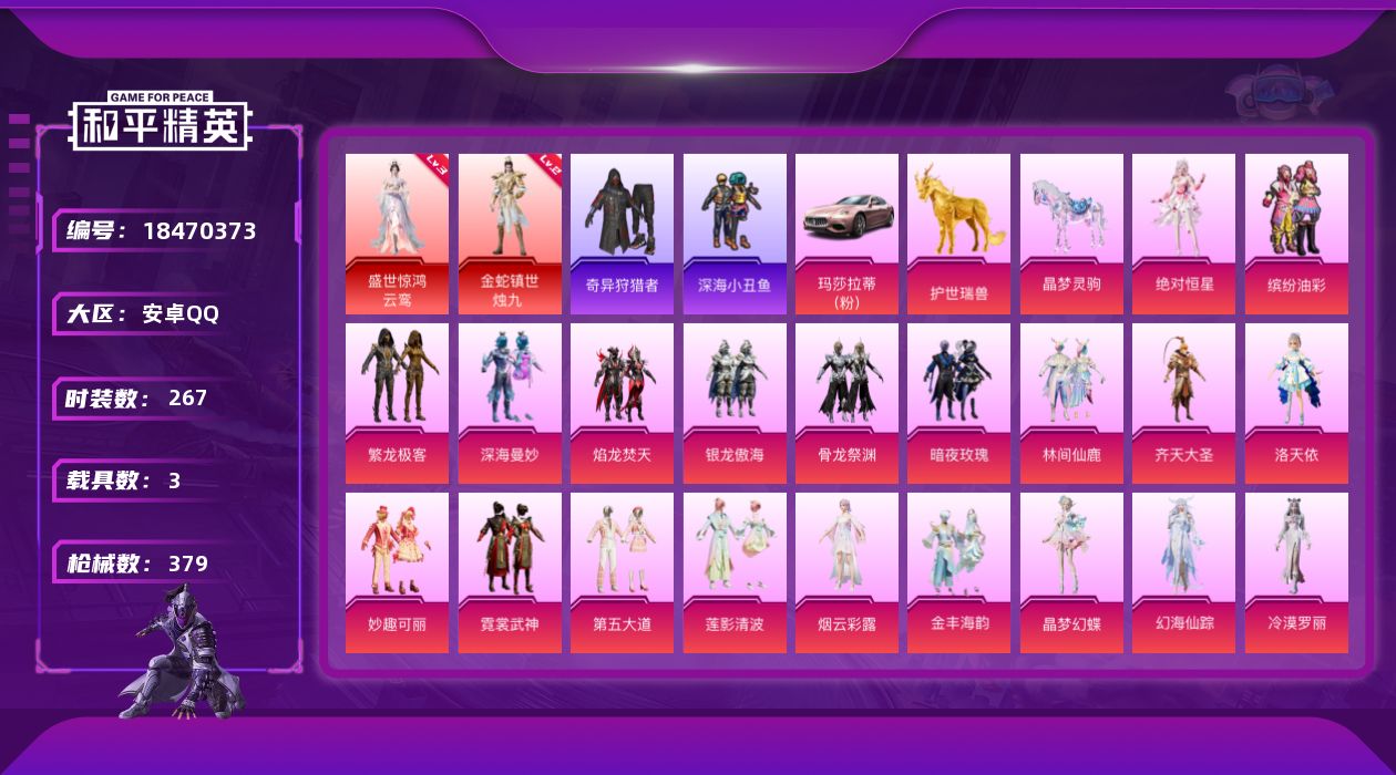 和平精英账号安卓QQ[18470373]DAS9175 包人脸 安卓Q-2红装1稀有3载具20粉装12特效枪24热门267套装379枪皮 127284热力值 16印记 历史传奇王牌15星 金蛇镇世-烛九 (2级) 盛世惊