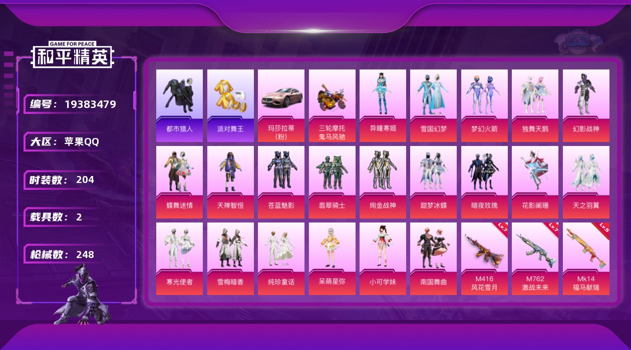 和平精英账号苹果QQ[19383479]DAS13109 包人脸 苹果Q-3稀有3载具20粉装8特效枪19热门204套装248枪皮 89245热力值 14印记 历史卓越王牌16星  派对舞王（金靴子） 都市猎人 雪国幻梦