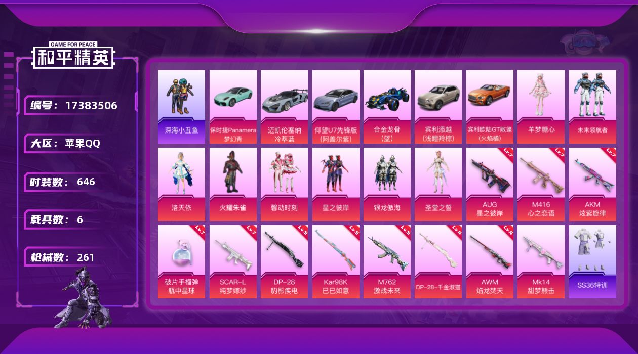 和平精英账号苹果QQ6载具-178套装-261枪皮-6载具8粉装12特效枪22热门178套装261枪皮 87801热力值