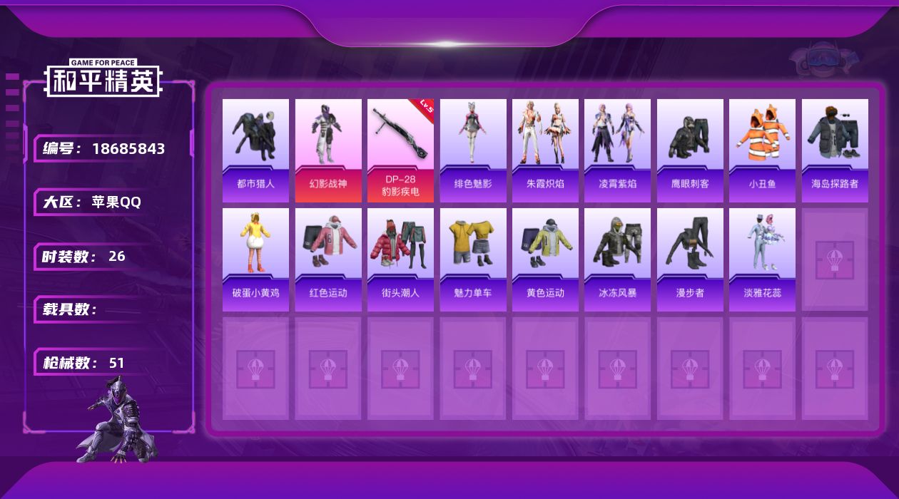 和平精英账号苹果QQ[18685843]苹果 手Q-1粉装-3特效枪-0载具-0粉色飞行器-11642热力值-1王牌印记-26套装-51枪皮
【热门品类】：套装-都市猎人，套装-小丑鱼
【粉色套装】：粉装-幻影战神
【粉
