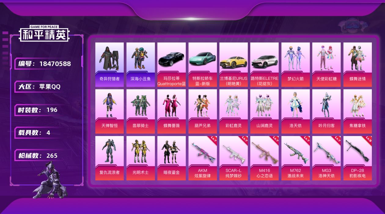 和平精英账号苹果QQDAS9612可二次 苹果Q-1稀有5载具15粉装8特效枪20热门196套装265枪皮 96482热