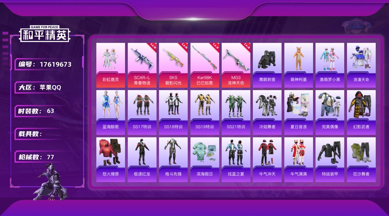 和平精英账号苹果QQ[17619673]苹果 手Q-1粉装-7特效枪-0载具-1粉色飞行器-23906热力值-3王牌印记-63套装-77枪皮
【热门品类】：套装-浪漫天命
【粉色套装】：粉装-彩虹鹿灵
【粉色枪皮等级】：