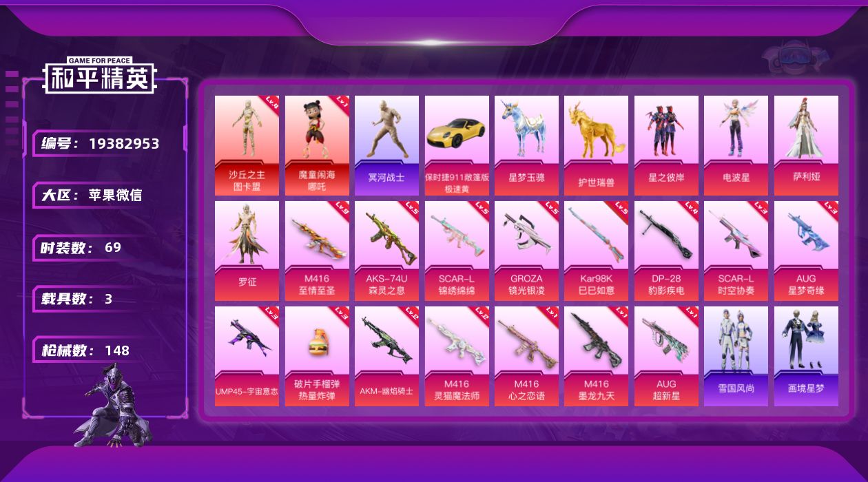 和平精英账号苹果微信[19382953]DAS12210可二次 苹果V-2红装1稀有3载具4粉装15特效枪3热门69套装148枪皮 55897热力值 8印记 历史绝世王牌17星  魔童闹海-哪吒 (1级) 沙丘之主-图卡