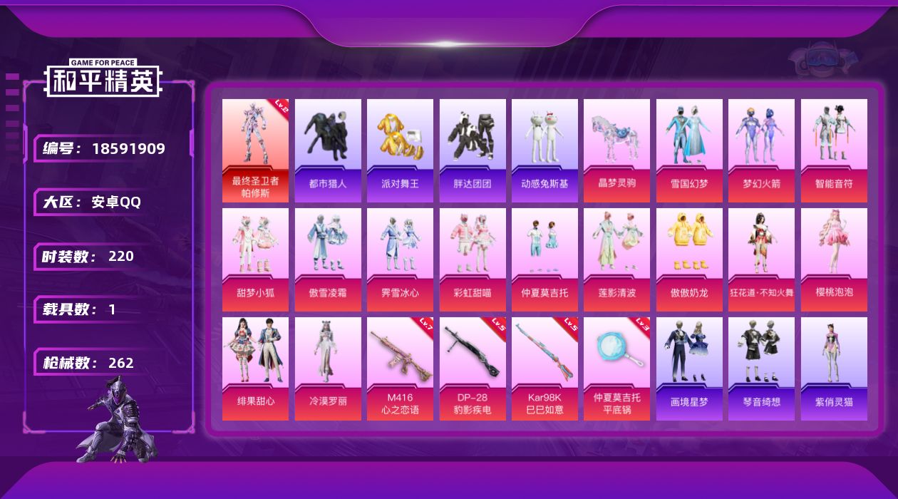 和平精英账号安卓QQ[18591909]安卓 手Q-1神装-14粉装-5特效枪-1载具-5粉色飞行器-91973热力值-17王牌印记-220套装-262枪皮
【红色神装等级】：最终圣卫者-帕修斯(二级)
【红色角色神装】