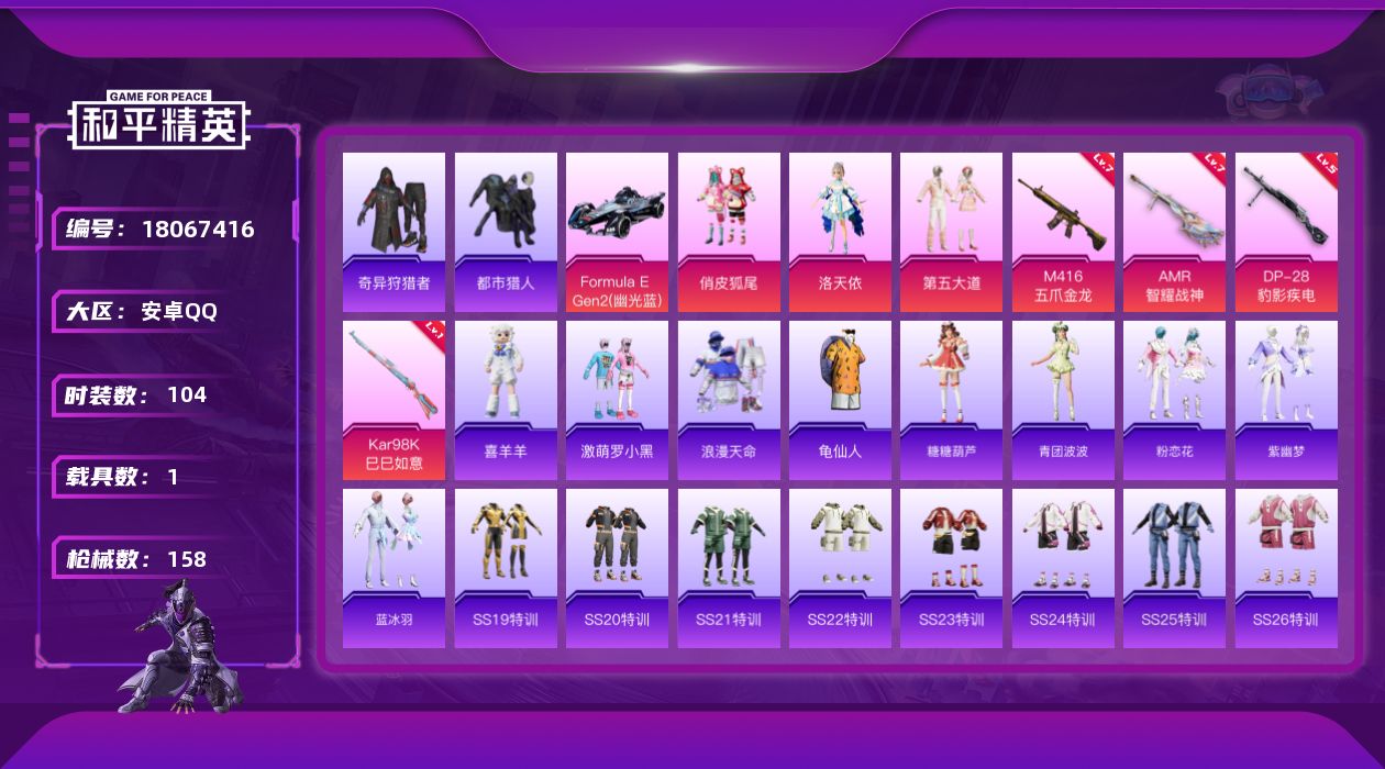 和平精英账号安卓QQ[18067416]安卓 手Q-3粉装-4特效枪-1载具-1粉色飞行器-45401热力值-2王牌印记-104套装-158枪皮
【热门品类】：套装-浪漫天命，套装-都市猎人，套装-奇异狩猎者，套装-龟仙