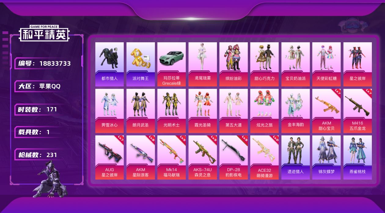 和平精英账号苹果QQ[18833733]"XY711包人脸 钱包未注销 苹果Q-5稀有1载具13粉装8特效枪17热门171套装231枪皮 76694热力值 15印记 历史绝世王牌12星  宝贝奶油派 天使彩虹糖 甜心巧克