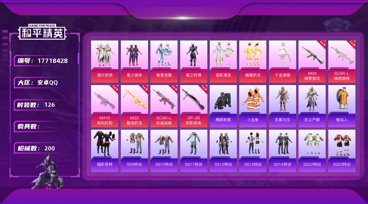 和平精英账号安卓QQ[17718428]安卓 手Q-7粉装-12特效枪-0载具-5粉色飞行器-58994热力值-1王牌印记-126套装-200枪皮
【热门品类】：套装-小丑鱼，角色-忠真马岱，角色-忠义严颜，套装-龟仙人