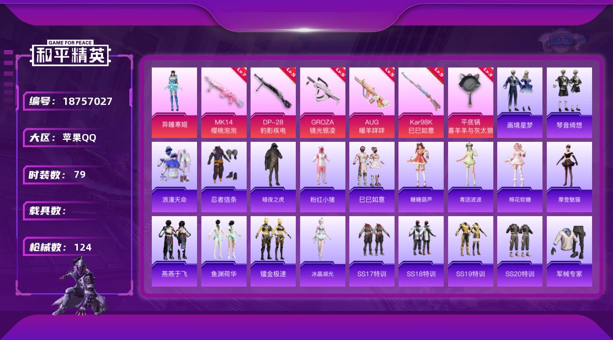 和平精英账号苹果QQ[18757027]79套装/枪械8/装备137/战备95/王牌印记10/热力值34954/五级GROZA-镜光银凌/五级AUG-暖羊咩咩/五级ACE32-萌骑漫游/五级Kar98K-巳巳如意/七级M