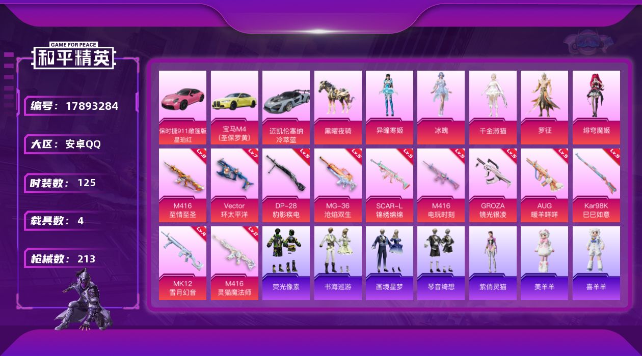 和平精英账号安卓QQ[17893284]【特价出售/店主推荐】
安卓 手Q-5粉装-12特效枪-4载具-4粉色飞行器-64340热力值-4王牌印记-125套装-213枪皮【热门品类】：套装-浪漫天命，角色-军刀雅典娜，套
