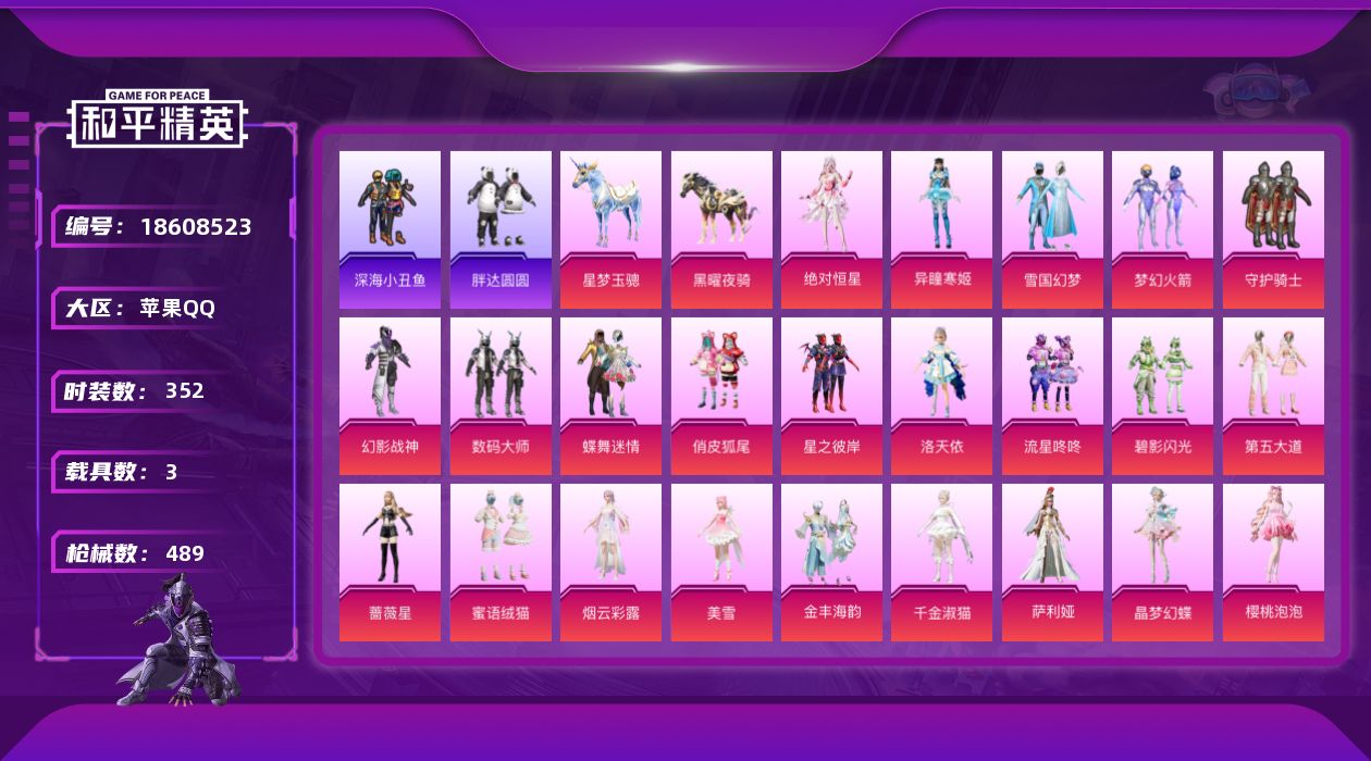 和平精英账号苹果QQ[18608523]苹果 手Q【特价处理】【热门雪国+3级红】-1神装-28粉装-20特效枪-3载具-14粉色飞行器-179172热力值-22王牌印记-352套装-489枪皮
【红色神装等级】：暮色玫