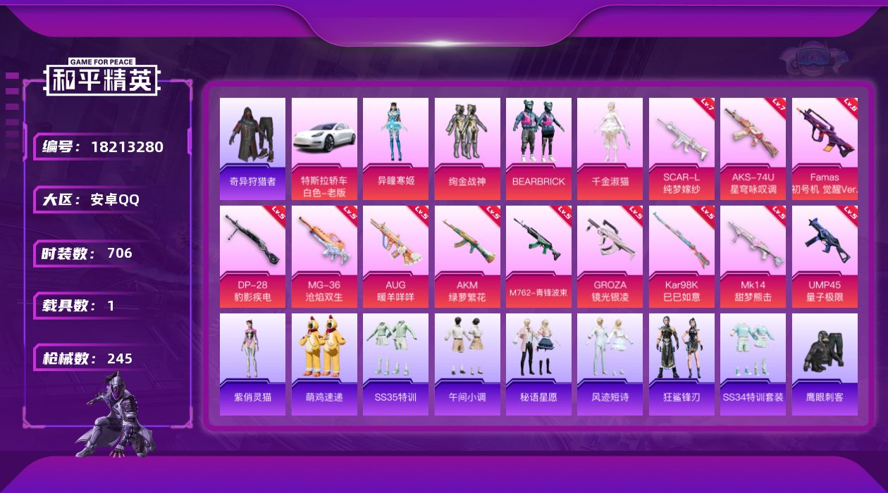 和平精英账号安卓QQ4粉装 12特效枪 1载具 16印记 可二次 
【热门装扮】BEARBRICK,奇异狩猎者,千金淑猫