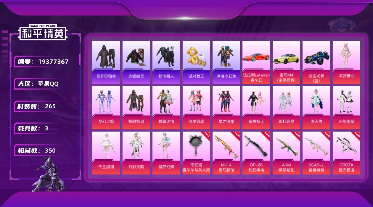 和平精英账号苹果QQ[19377367]苹果 手Q-13粉装-11特效枪-3载具-6粉色飞行器-117089热力值-20王牌印记-265套装-350枪皮
【热门品类】：粉装-梦幻火箭，绝对防御上衣，套装-浪漫天命，套装-