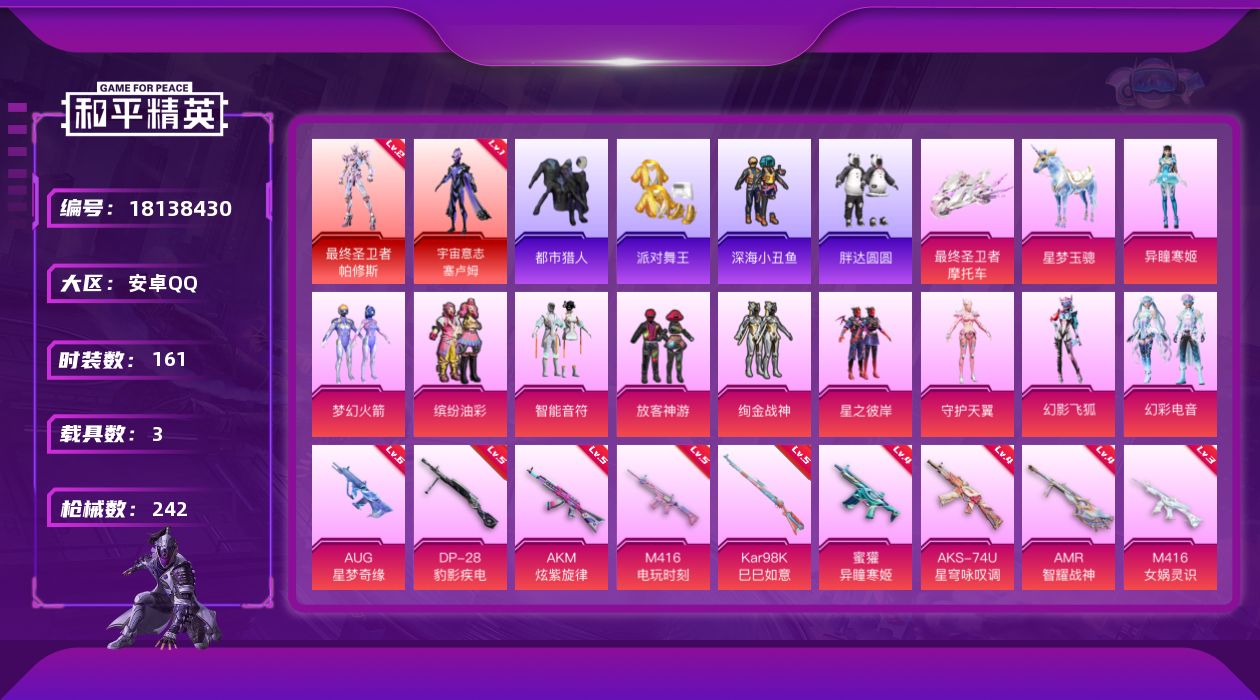 和平精英账号安卓QQ[18138430]安卓 手Q-3神装-11粉装-13特效枪-3载具-9粉色飞行器-87037热力值-8王牌印记-161套装-242枪皮
【红色神装等级】：霜月狼主-尼诺(四级)，最终圣卫者-帕修斯(