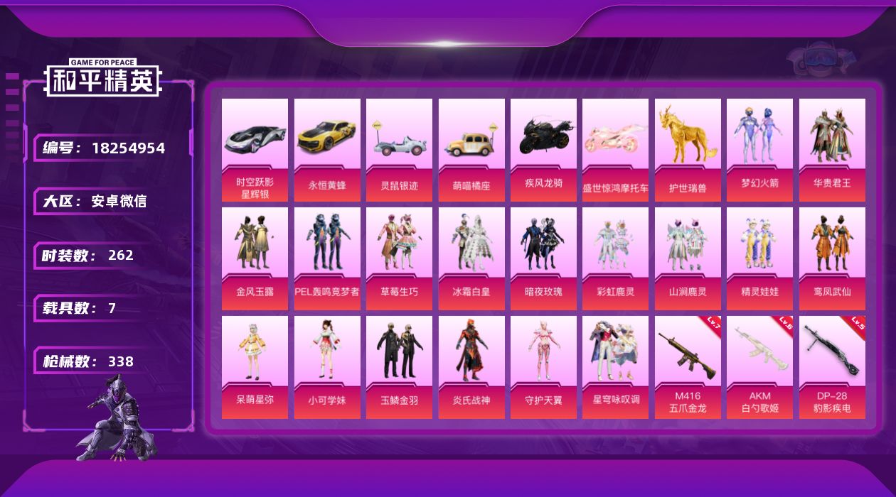 和平精英账号安卓微信[18254954]可二次【特价出售/店主推荐】安卓 微信-17粉装-7特效枪-7载具-11粉色飞行器-116437热力值-14王牌印记-262套装-338枪皮【热门品类】：粉装-梦幻火箭，套装-忍者