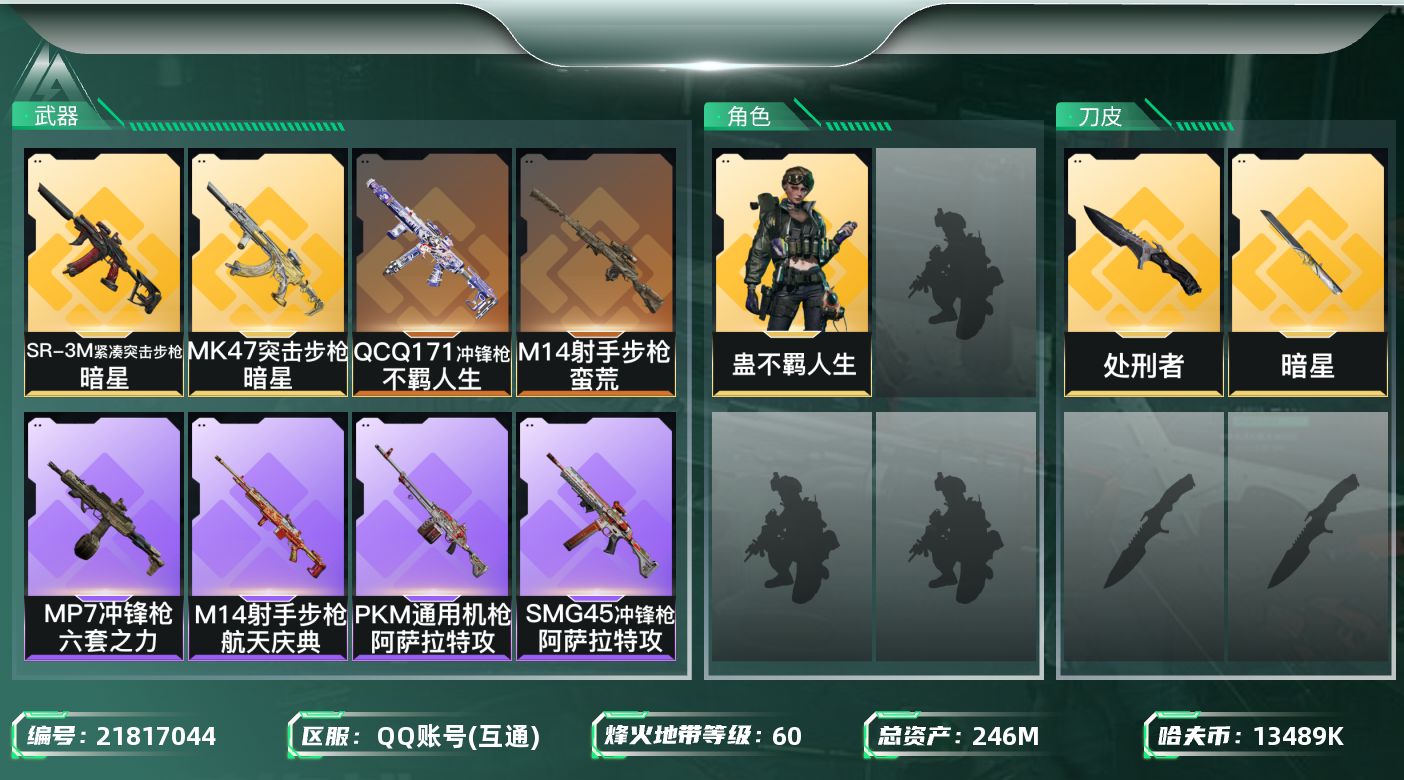 三角洲行动账号QQ【SJZDHC3310】DHC20417 220流动/暗星/1金皮/246m总资产-13489k哈夫