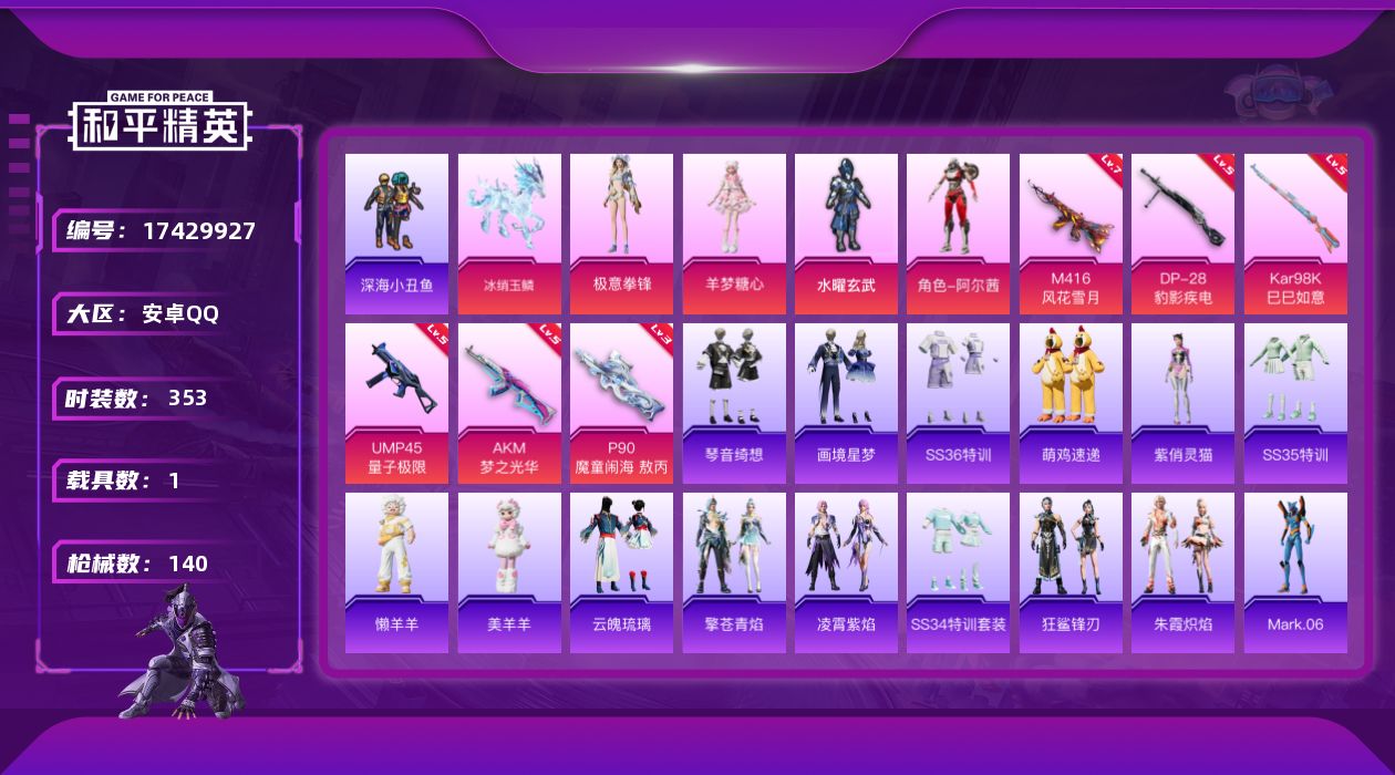 和平精英账号安卓QQ1载具-101套装-140枪皮-Q社交限制-1稀有1载具4粉装10特效枪11热门101套装140枪皮