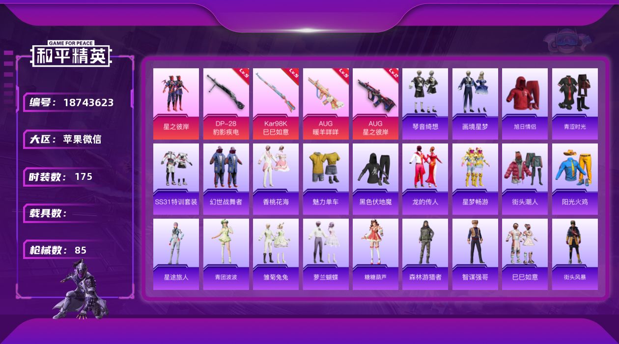 和平精英账号苹果微信0载具-41套装-85枪皮-1粉装7特效枪2热门41套装85枪皮 21288热力值 历史坚韧铂金Ⅱ 