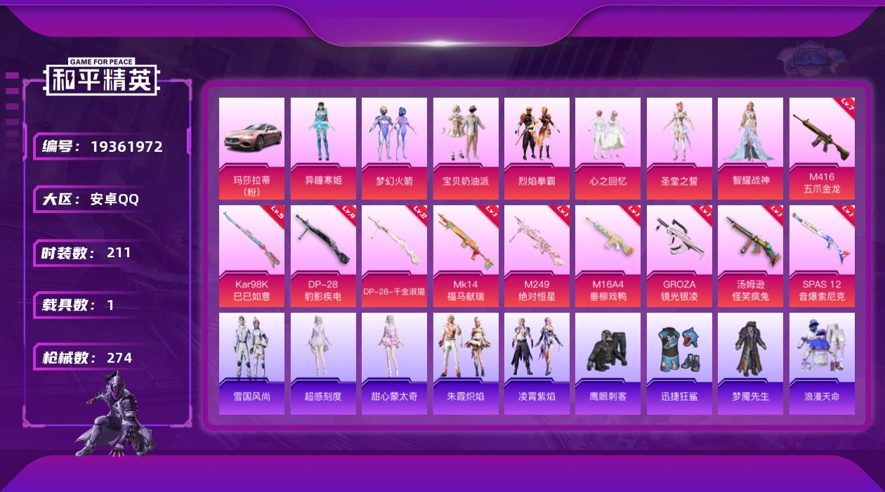 和平精英账号安卓QQ[19361972]安卓 手Q-7粉装-10特效枪-1载具-5粉色飞行器-86949热力值-9王牌印记-211套装-274枪皮
【热门品类】：粉装-梦幻火箭，套装-浪漫天命，套装-龟仙人，角色-Mar